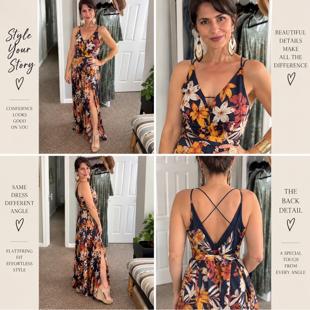 Floral Navy V-Neck Maxi Dress with Side Slit